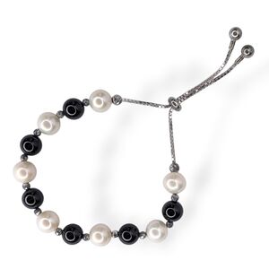 Sterling Silver Freshwater Pearl & Black Bead Adjustable Bracelet Elegant 925